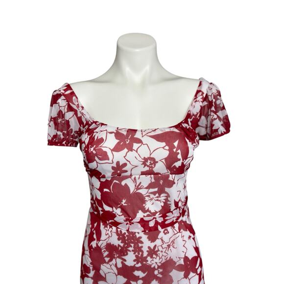y2k Hot Kiss Babydoll Mesh Top Size Small Puff Sleeve Tie Back Floral Red Fairy - Picture 7 of 9